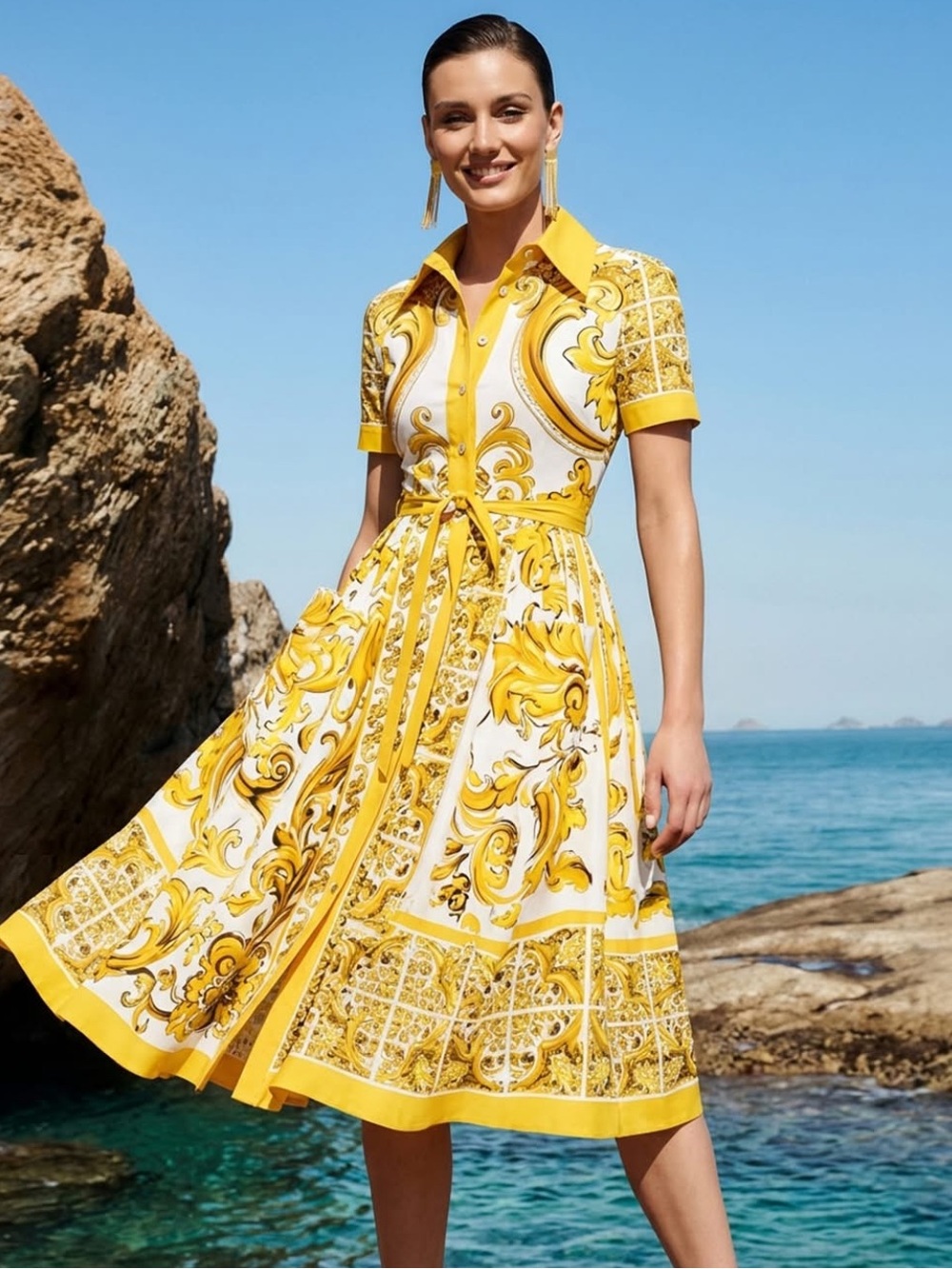NWT Stylewe Yellow & White Baroque Majolica Print Midi Shirt Dress - Size S